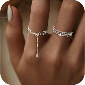 Sterling Silver Link Chain Ring Adjustable Bead Star Fidget Jewelry Gift